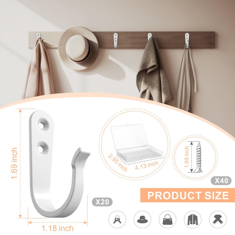 BREYDROK Hook for Hanging - 20PCS Hook for Hanging  Wall Hooks for Coats  Heavy Duty Single Prong Wall Hooks with 40 Pieces Screws (White) - Image 3
